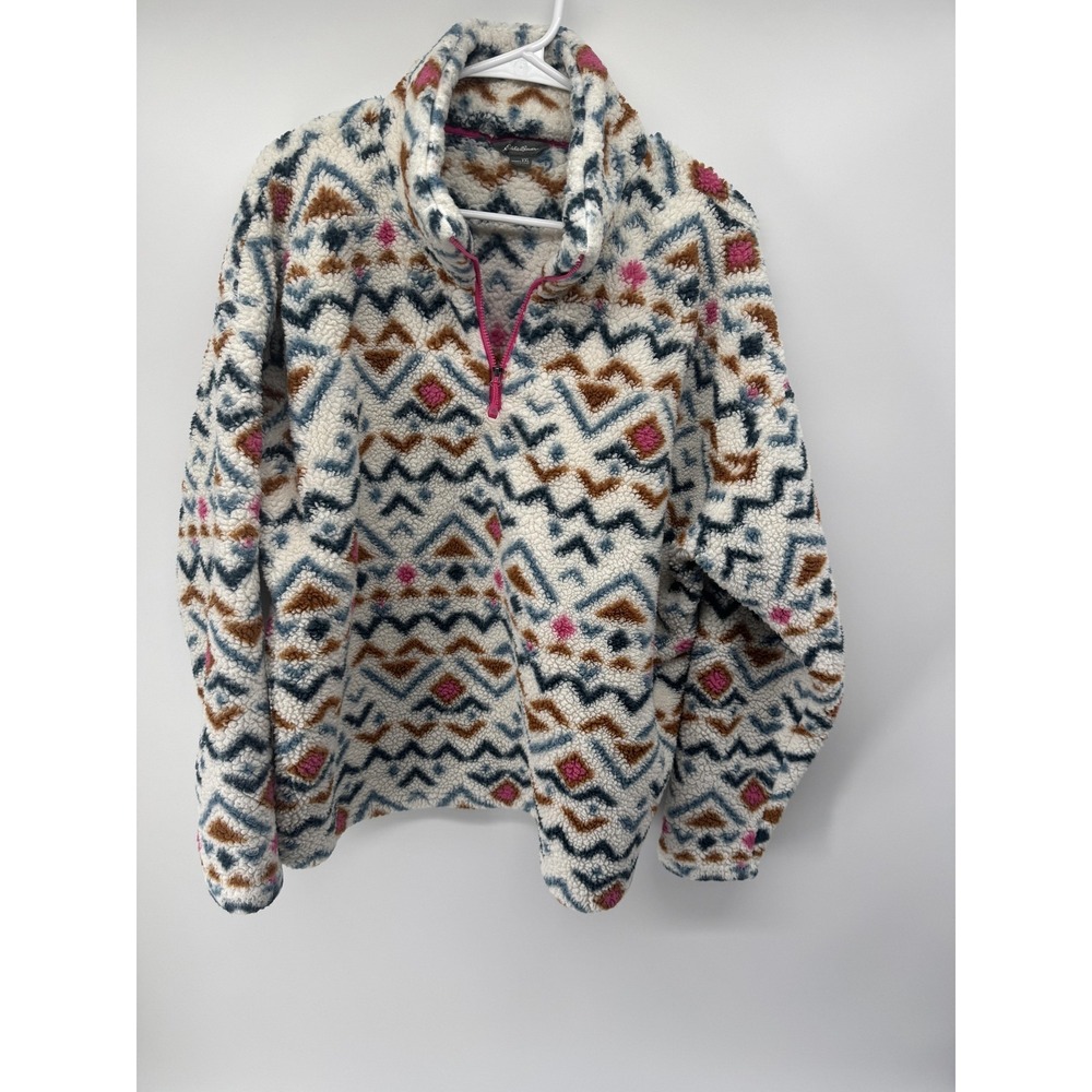 Eddie Bauer Sweater Womens XXL White‎ Sherpa Fleece 1/4 Zip Aztec Print Pullover